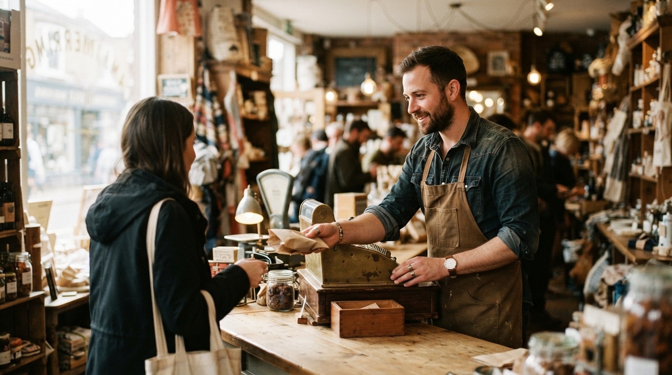 Interior of a busy Australian retail shop with a customer at the counter.