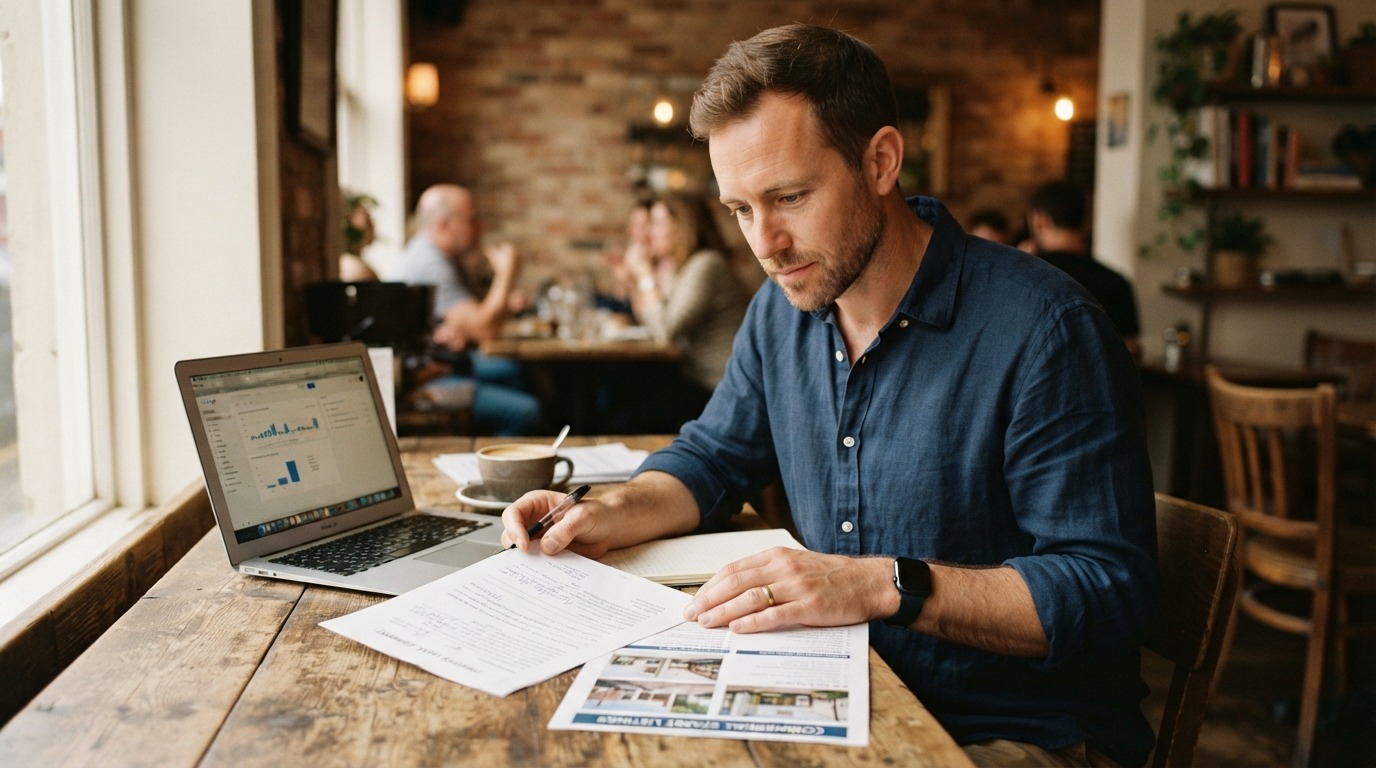 Buyer reviewing shop listings and lease documents before purchase.