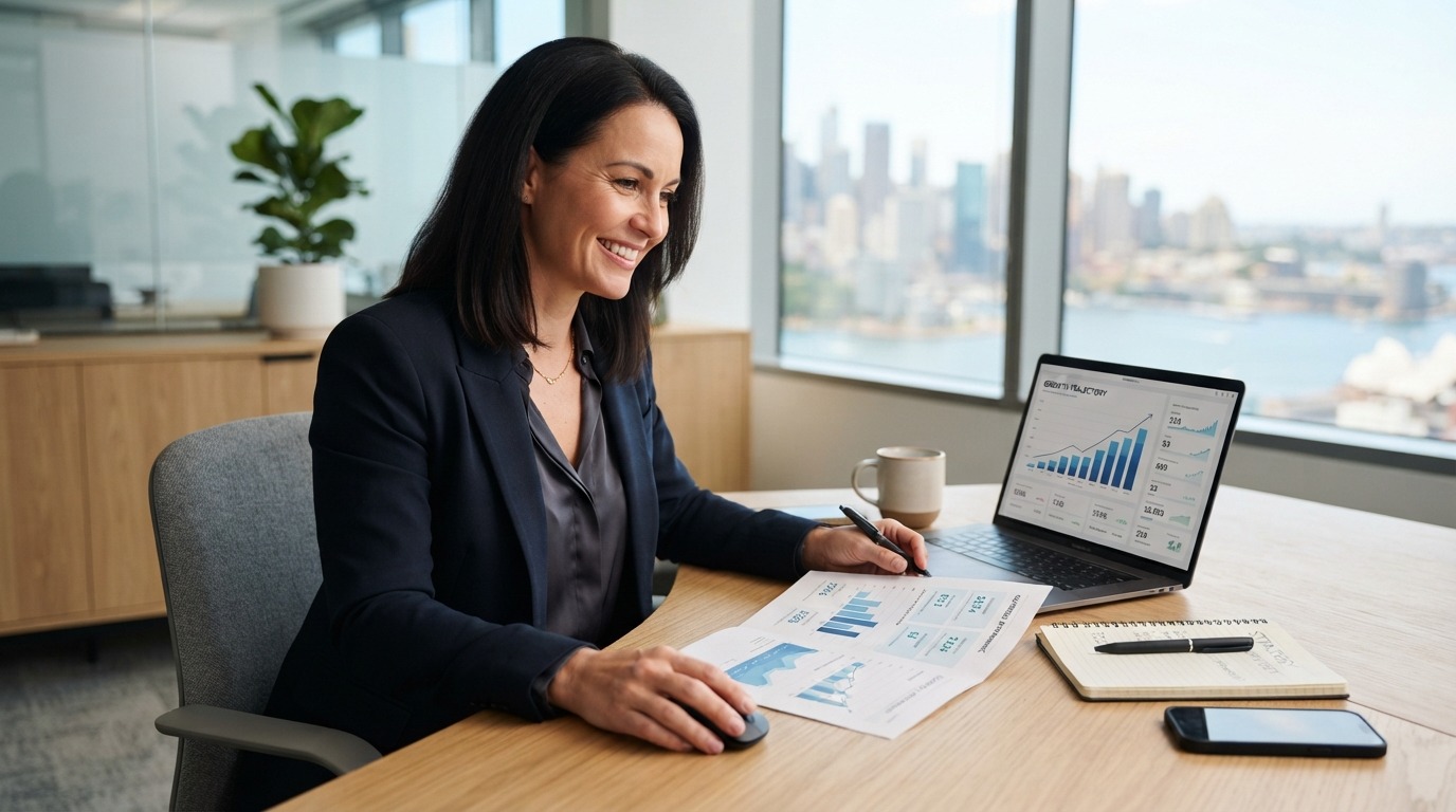 Business owner reviewing strong profit figures for a business in Australia.