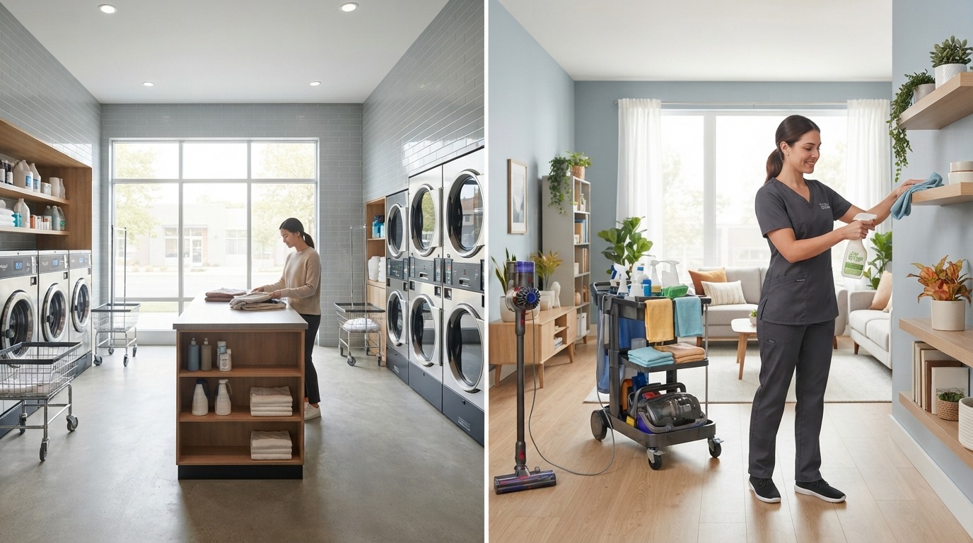 A laundromat and a cleaning service, examples of high-margin businesses to buy.