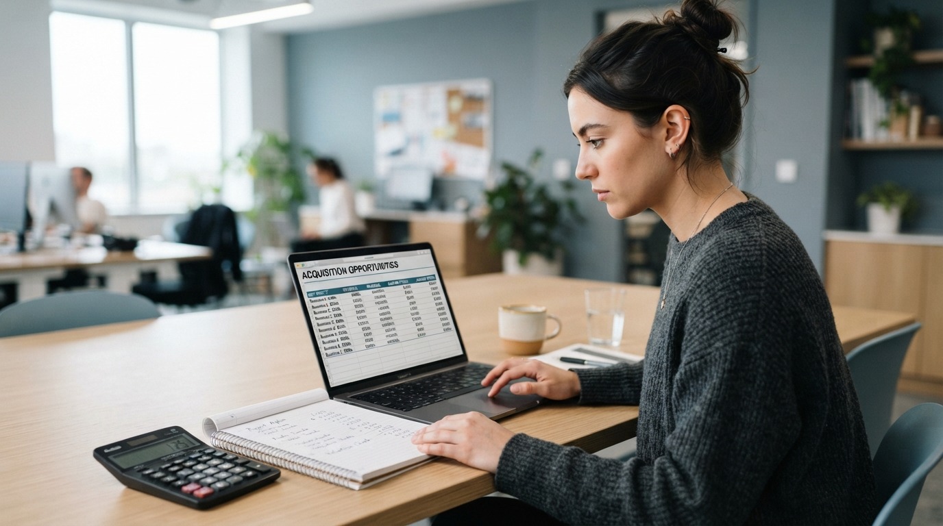 Buyer comparing the net profit of different businesses for sale on a laptop.