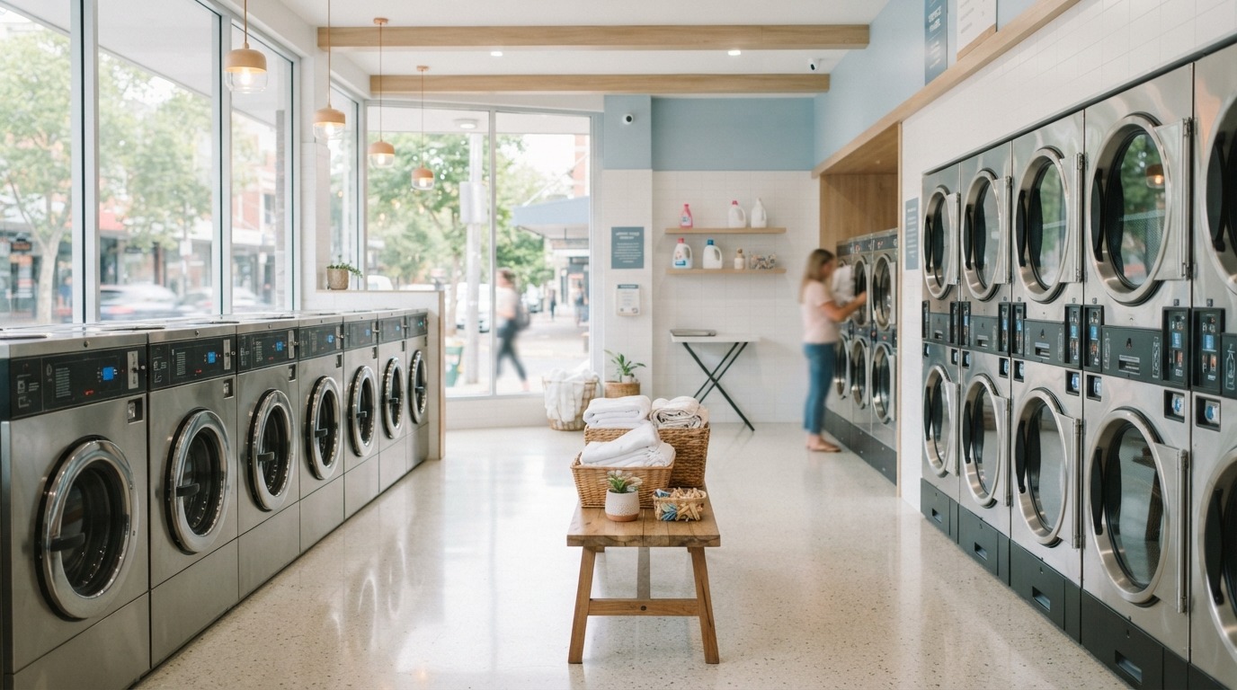 Modern self-service laundromat with rows of washing machines in Australia.