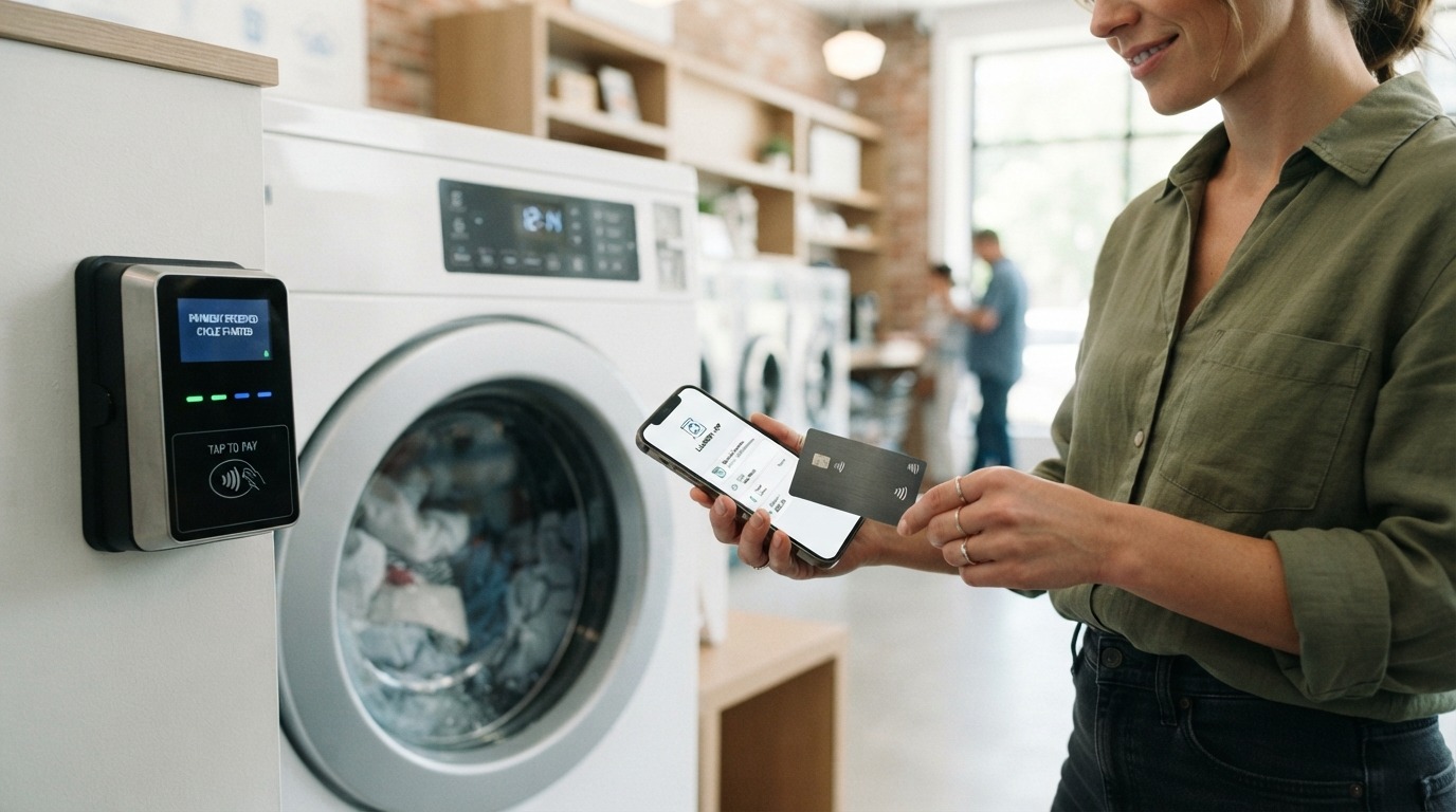 Customer using a card payment system at a modern Australian laundromat.