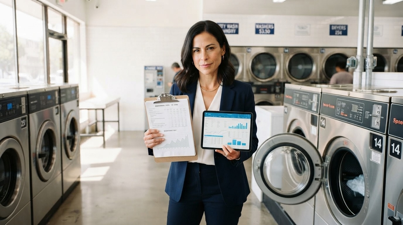 Buyer reviewing laundromat financials and utility bills before purchase.