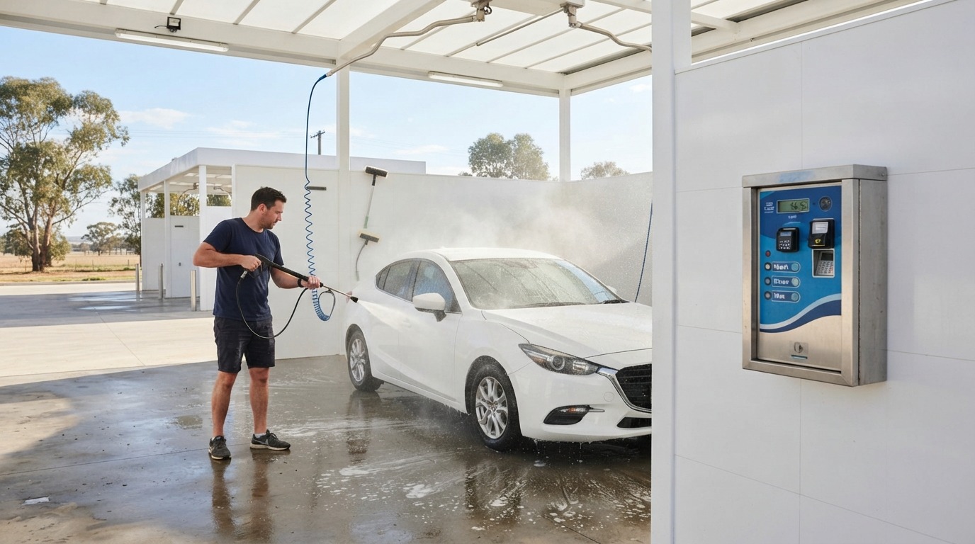 Self-serve car wash bay with a card payment terminal in Australia.