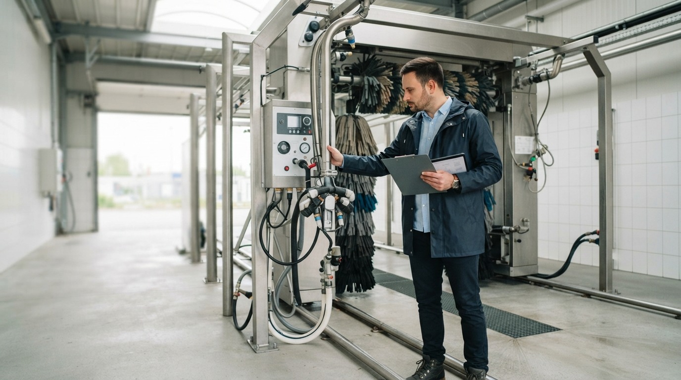 Buyer inspecting car wash equipment and reviewing financials before purchase.