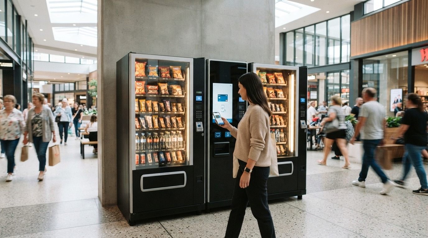 Modern snack and drink vending machines in a busy Australian location.