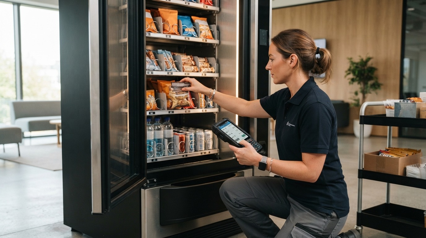 A person restocking a vending machine with snacks and drinks.