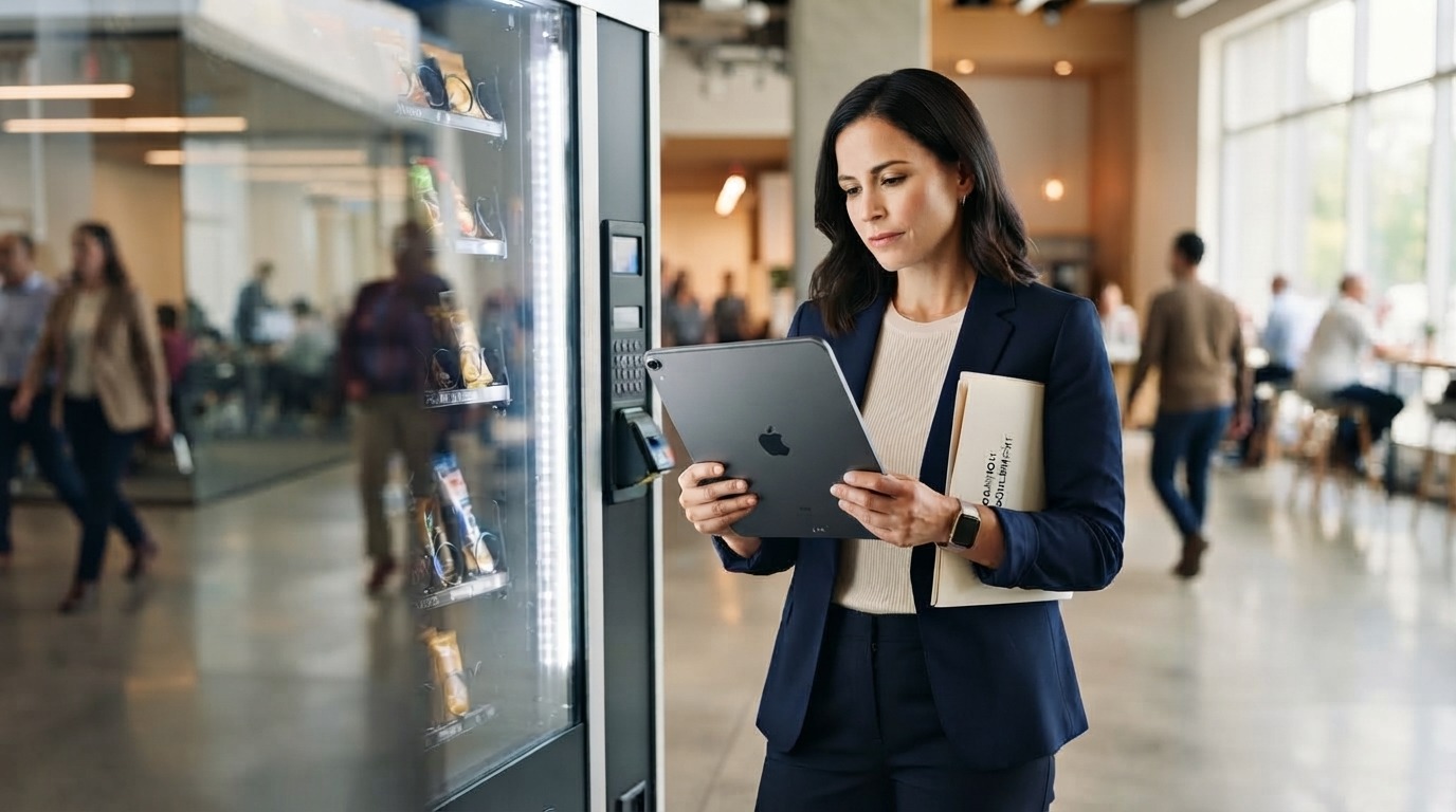 Buyer reviewing vending machine sales data and location contracts before purchase.