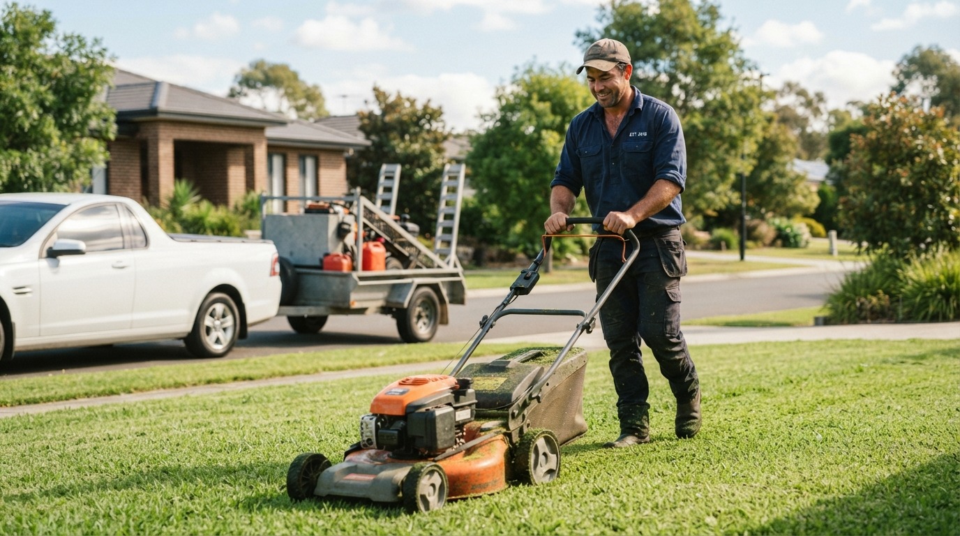 Lawn mowing business owner with mower and trailer in an Australian suburb.