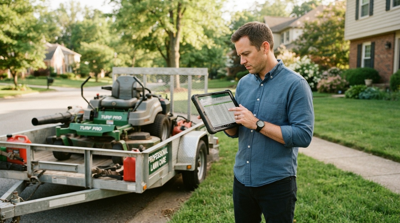 Buyer reviewing a lawn mowing customer list and round details before purchase.