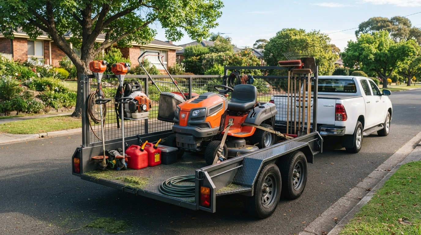 Lawn mowing franchise trailer and equipment ready for the day's rounds.