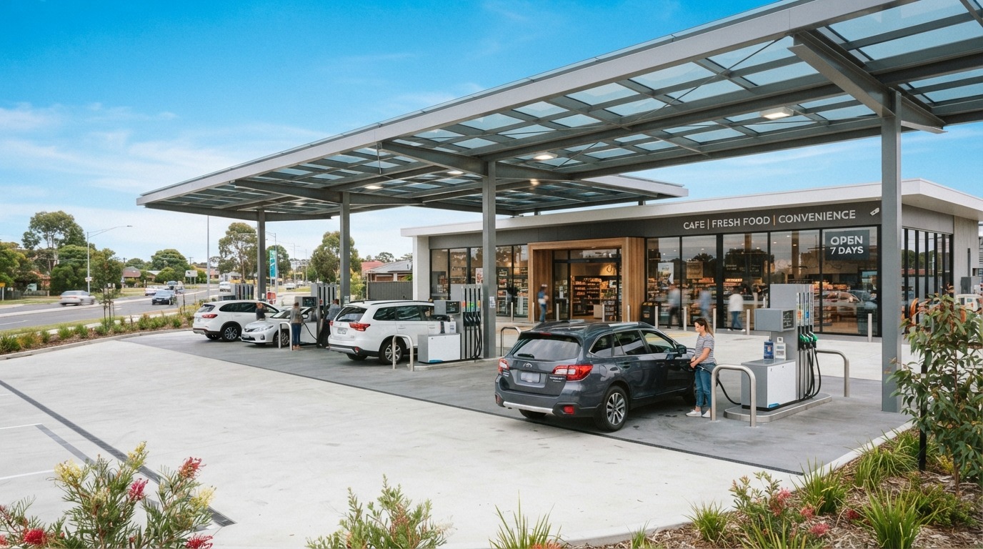Modern service station with fuel bowsers and convenience store in Australia.