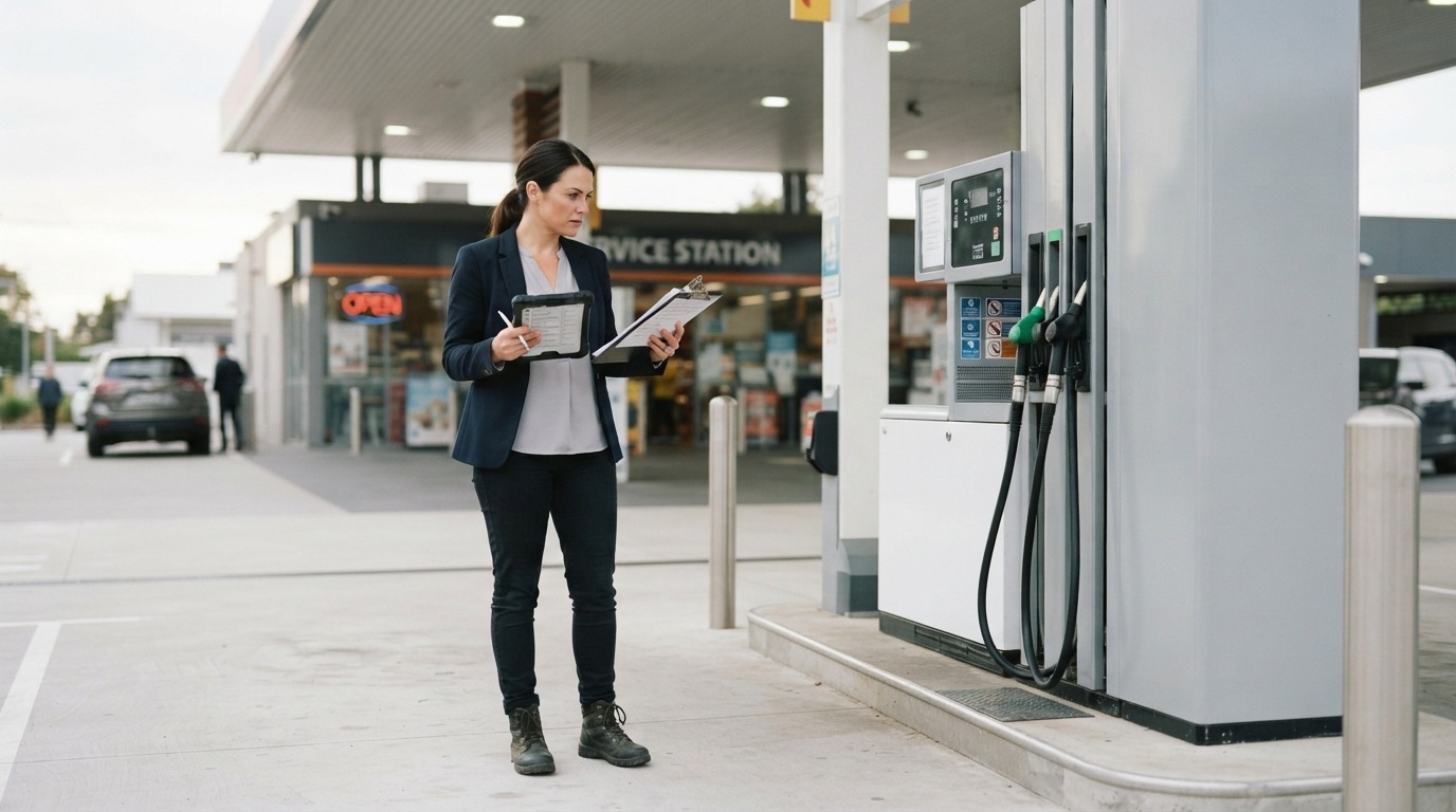 Buyer inspecting service station fuel bowsers and reviewing compliance documents.