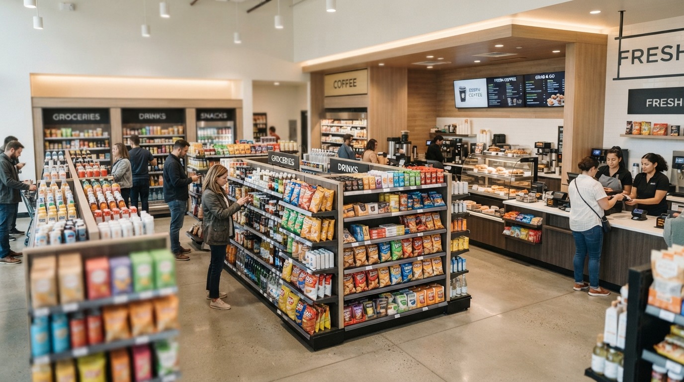 Convenience store inside an Australian service station with shelves of products.