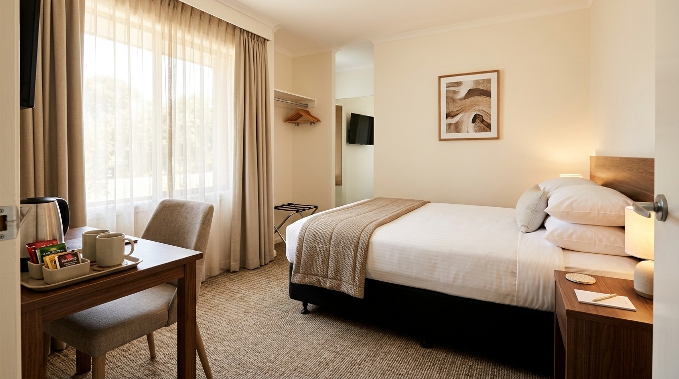 Tidy motel room interior ready for guests in an Australian motel.