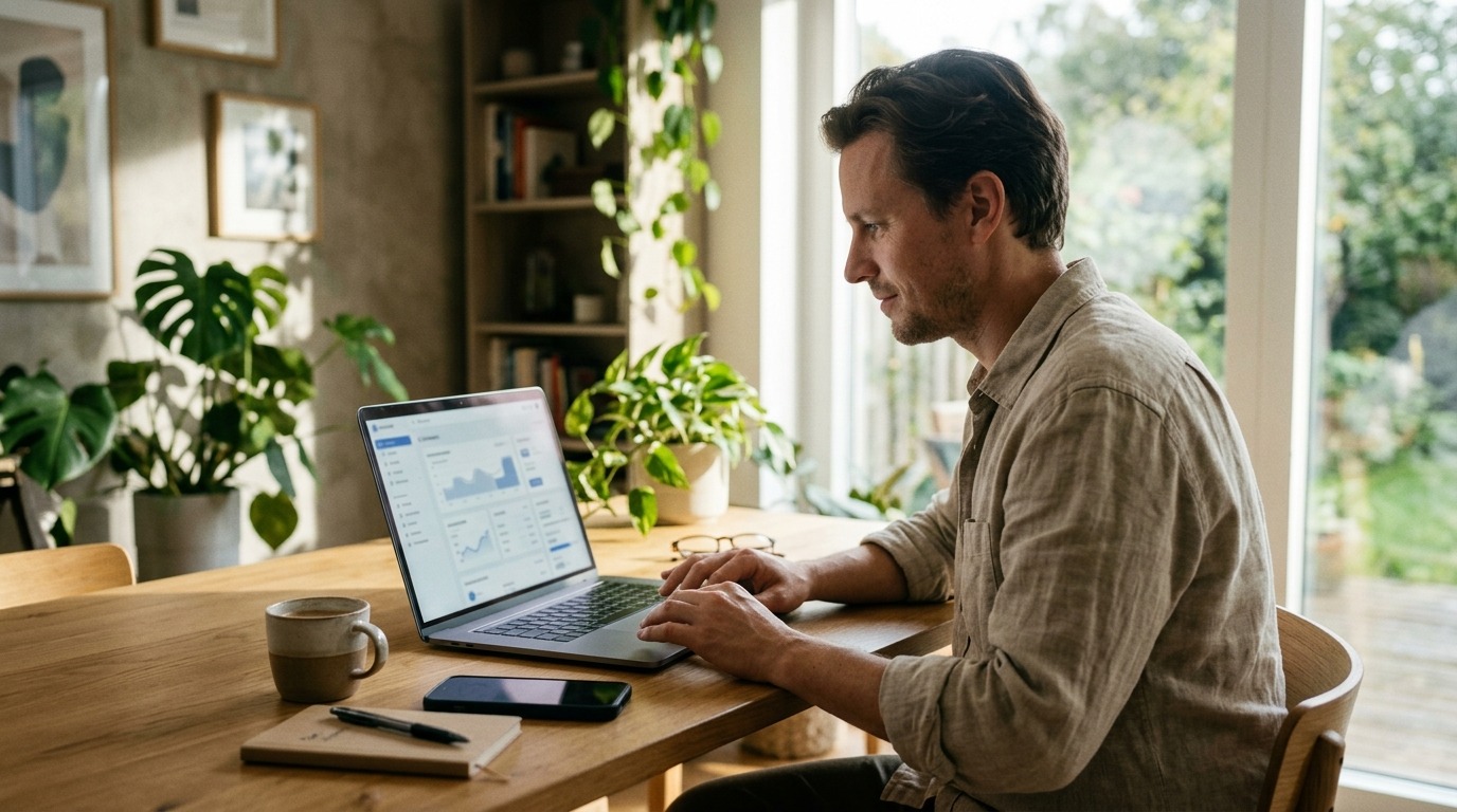 Person running an online business from a laptop at a home desk in Australia.