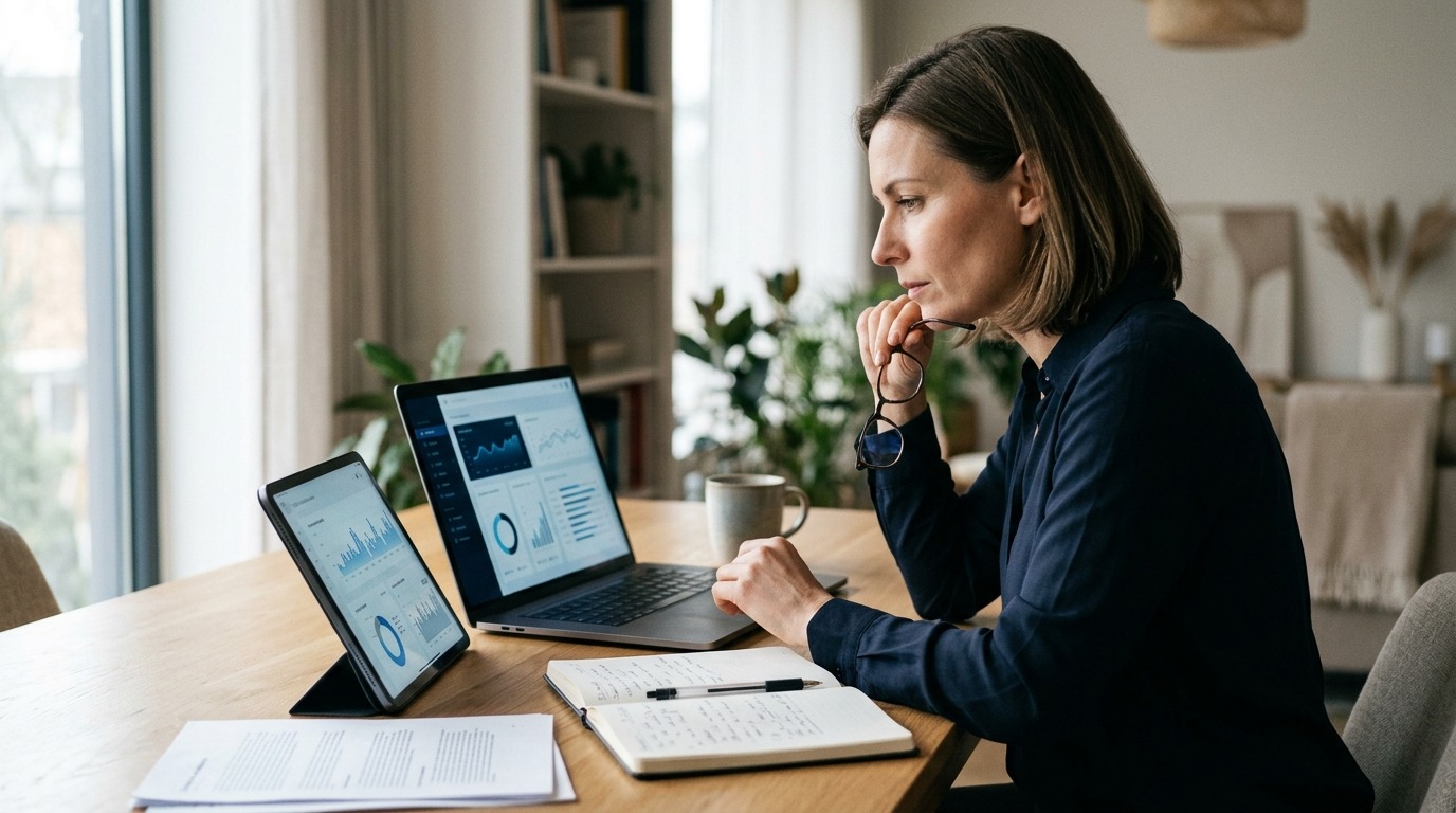 Buyer reviewing an online business's analytics and financials before purchase.