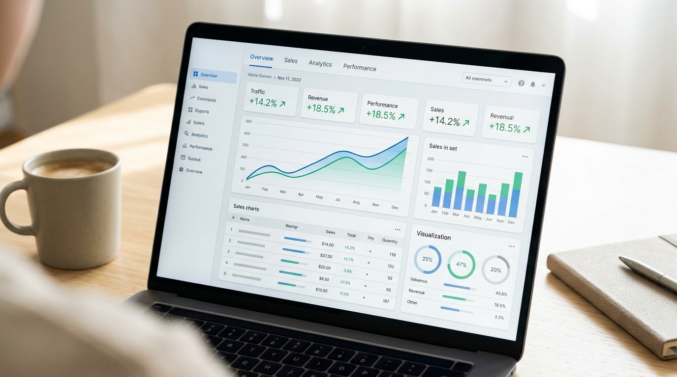 E-commerce website analytics and sales dashboard on a laptop screen.