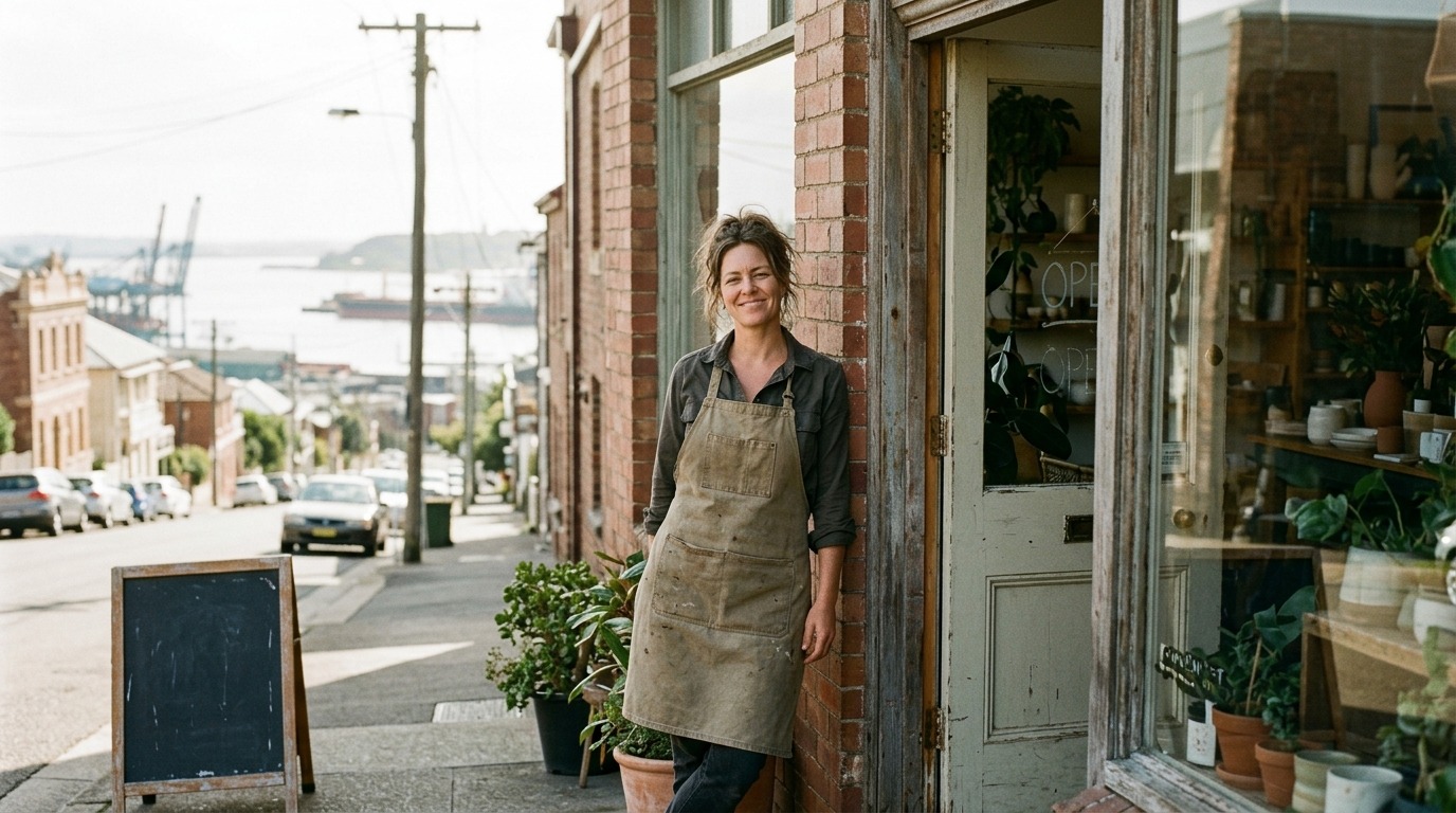 Small business owner in front of their Newcastle shopfront near the harbour.