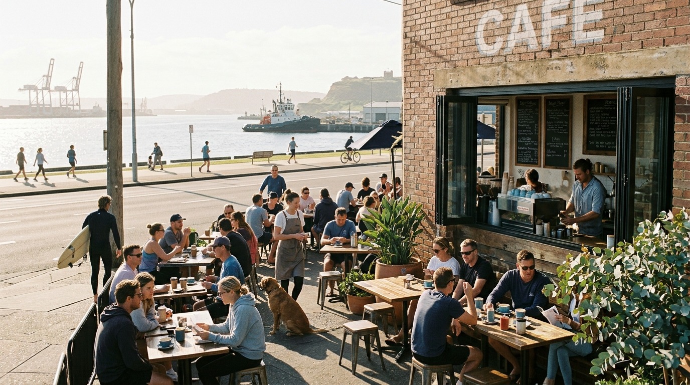 Busy Newcastle cafe and harbourside streetscape in the Hunter Region.