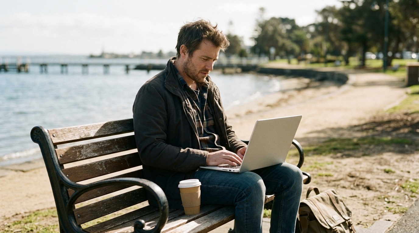 Small business owner in front of their Geelong shopfront near the waterfront.