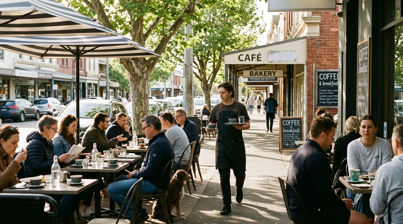 Busy Geelong waterfront cafe and streetscape in regional Victoria.