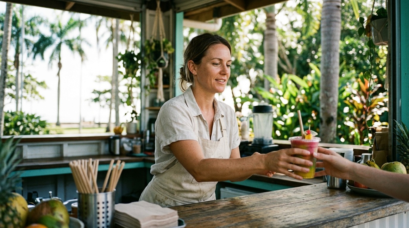 Small business owner at their Cairns cafe near the tropical Esplanade.