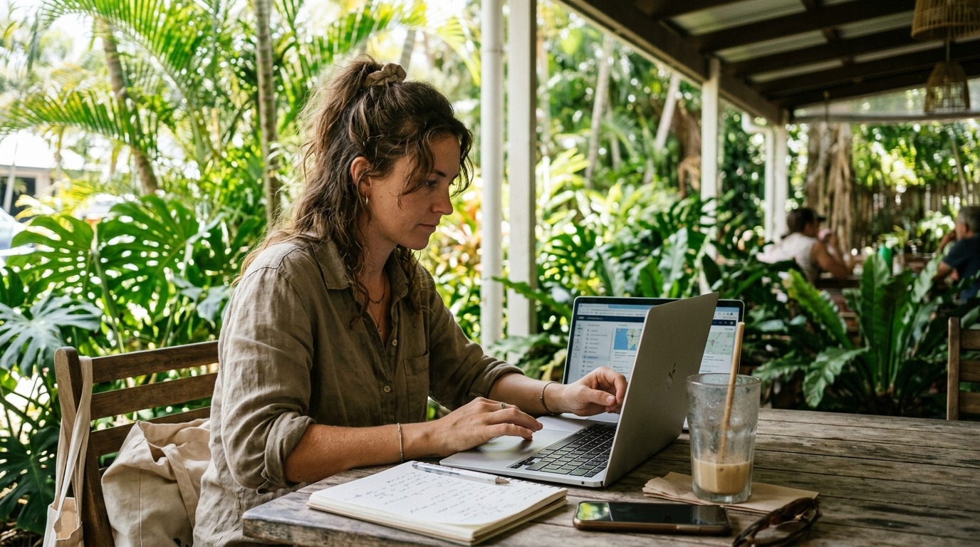 Buyer researching businesses for sale at an outdoor cafe in Cairns.