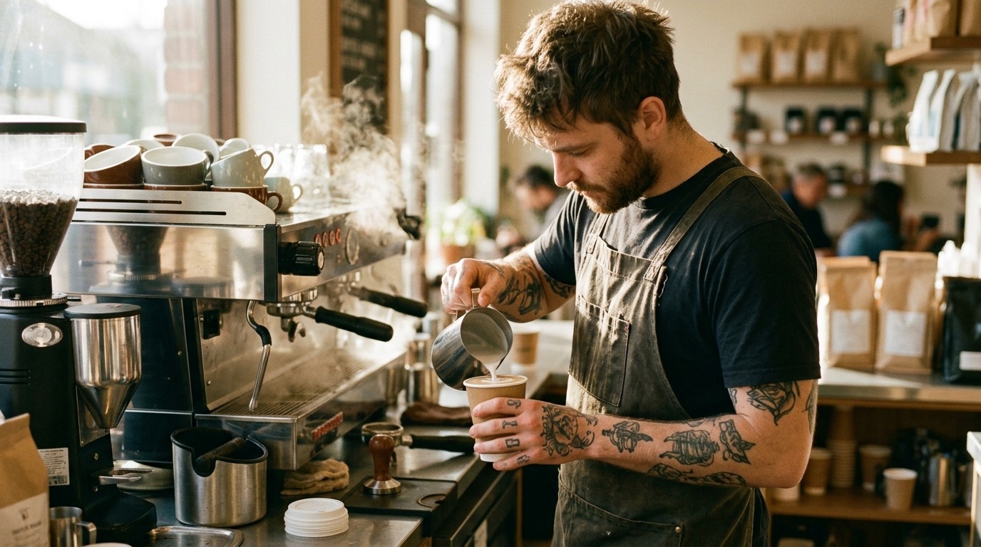 Barista making coffee behind the counter of a busy Australian cafe.