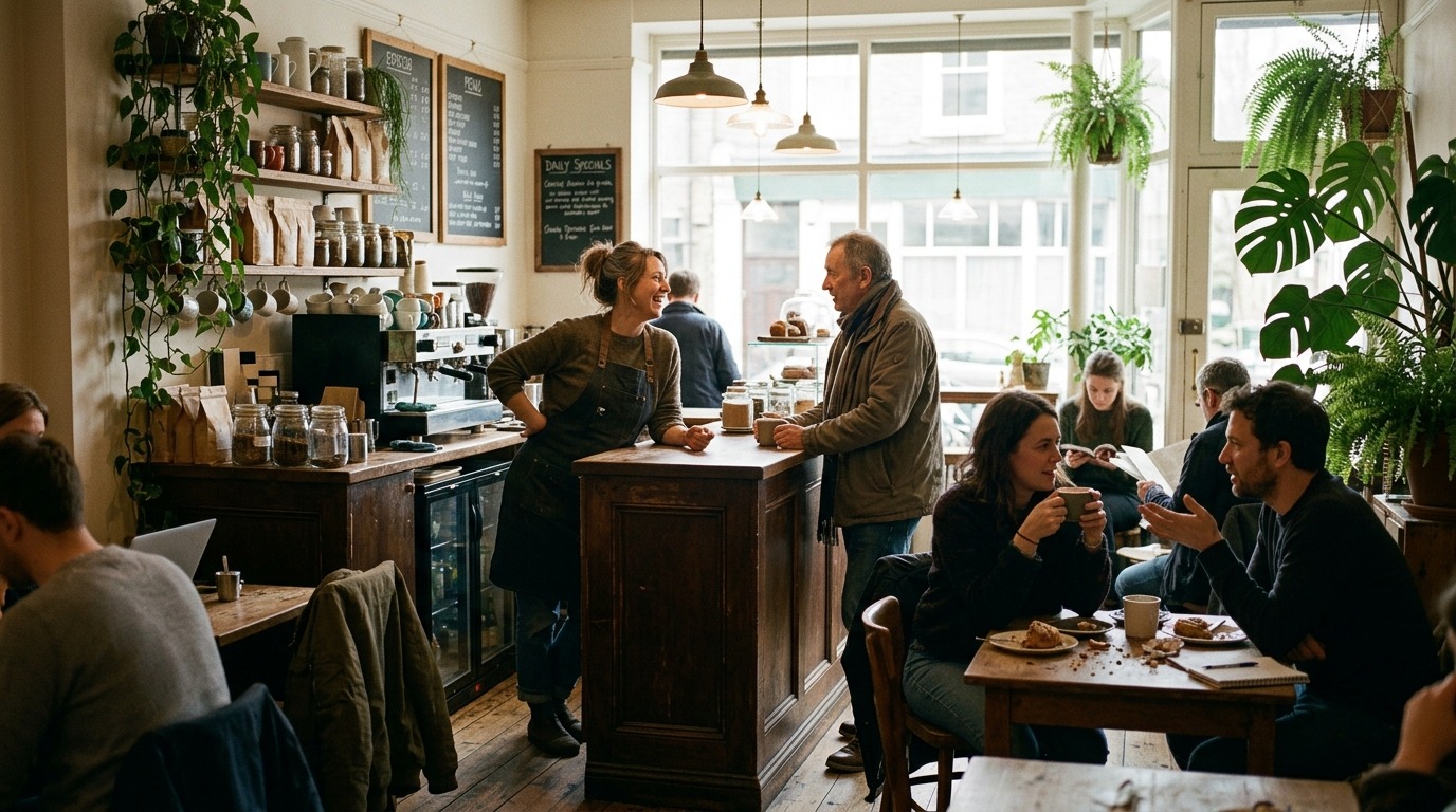 Interior of a thriving Australian cafe with customers and a barista at work.