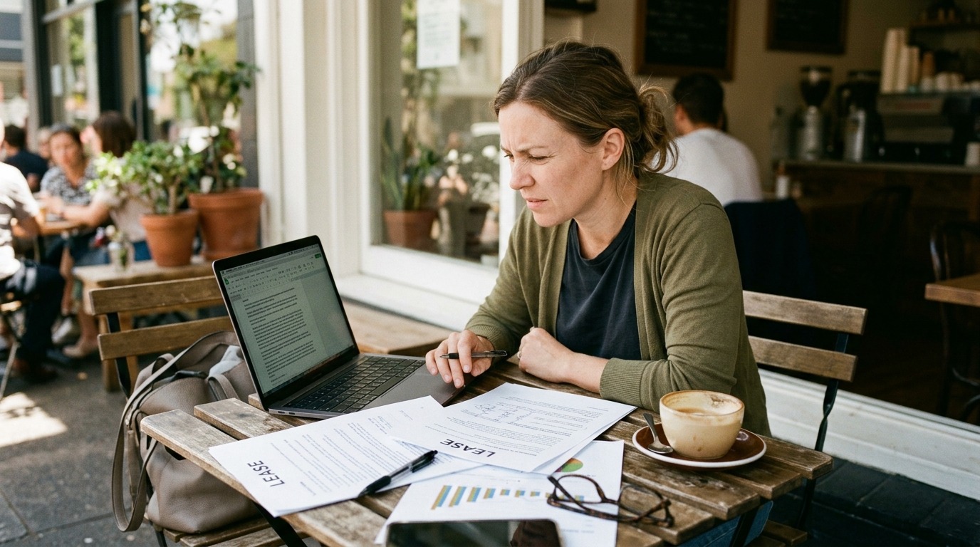 Buyer reviewing a cafe's financials and lease before purchase.