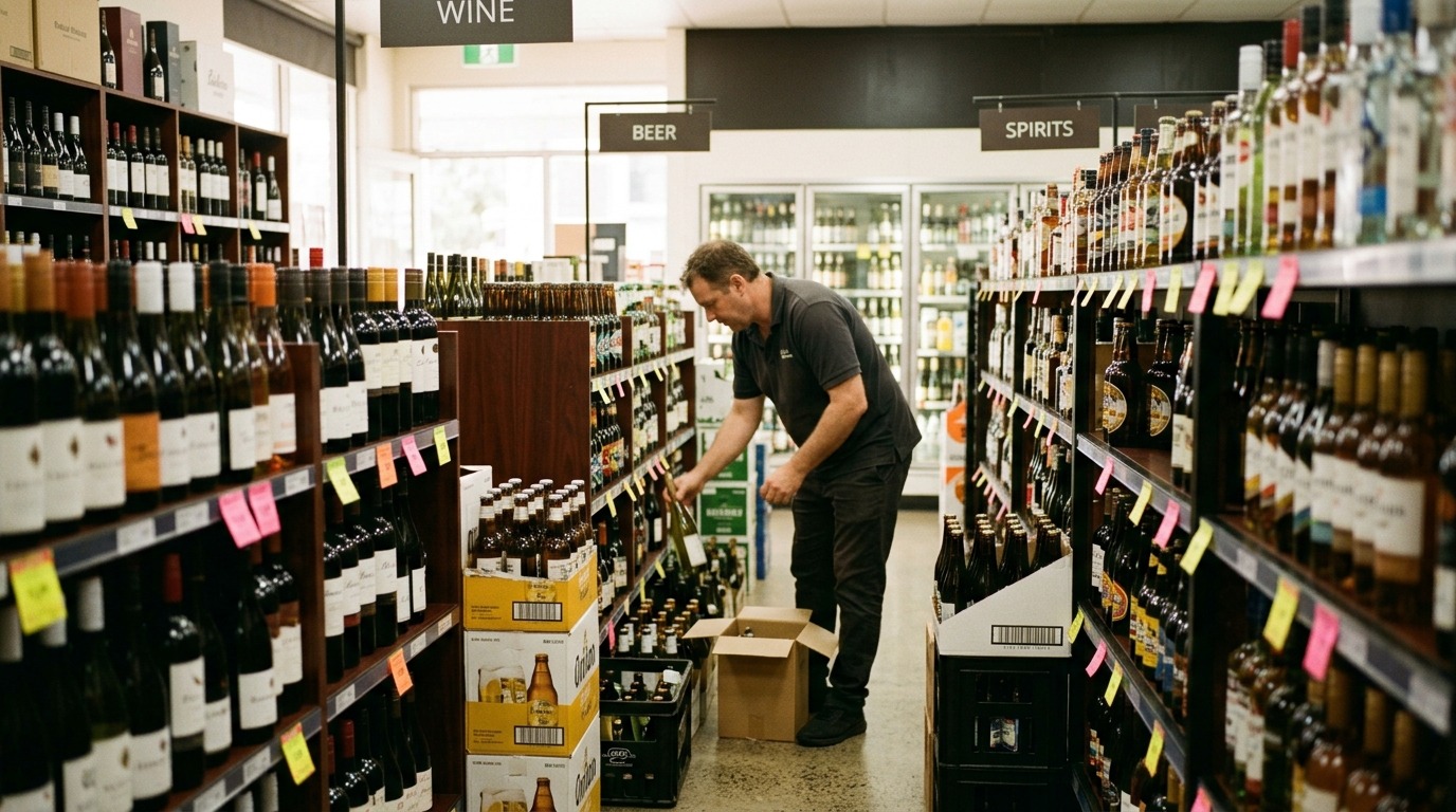 Interior of a well-stocked Australian bottle shop with shelves of beverages.