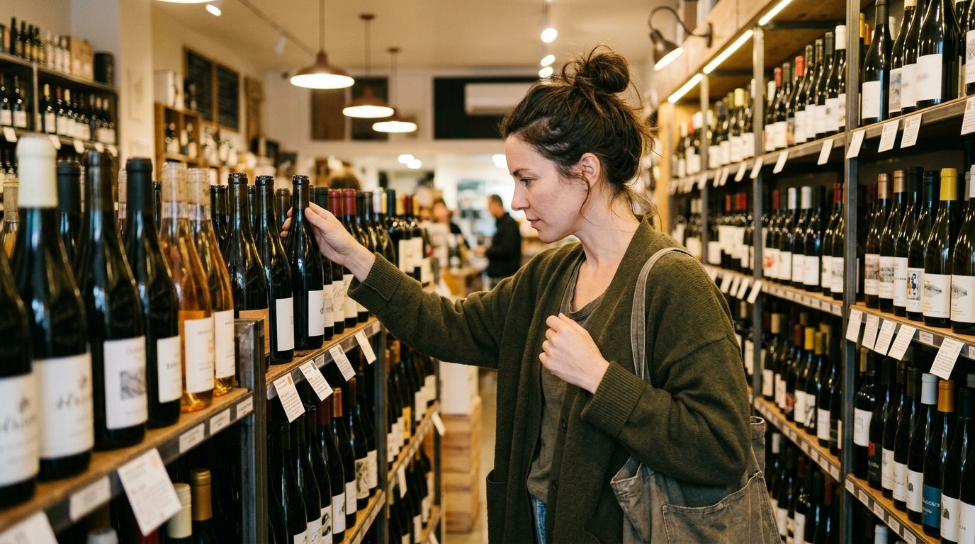 Customer browsing wine and beer shelves in an Australian bottle shop.