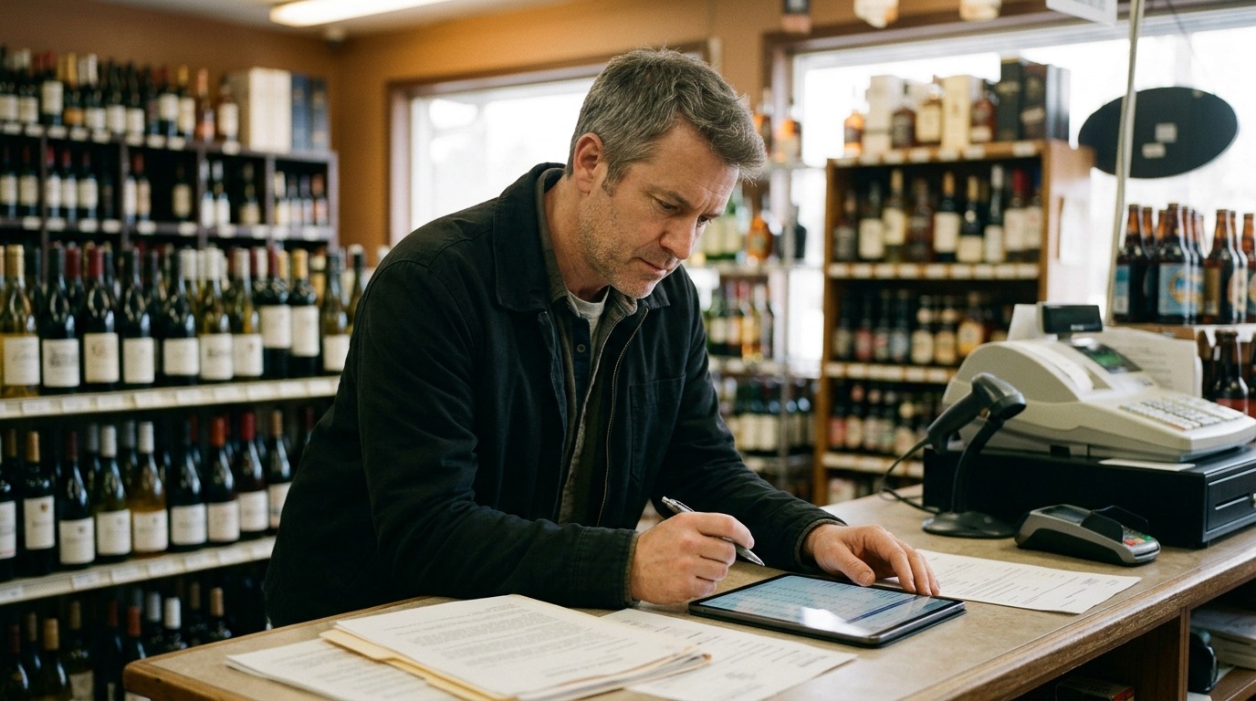 Buyer reviewing a bottle shop's licence, lease and financials before purchase.