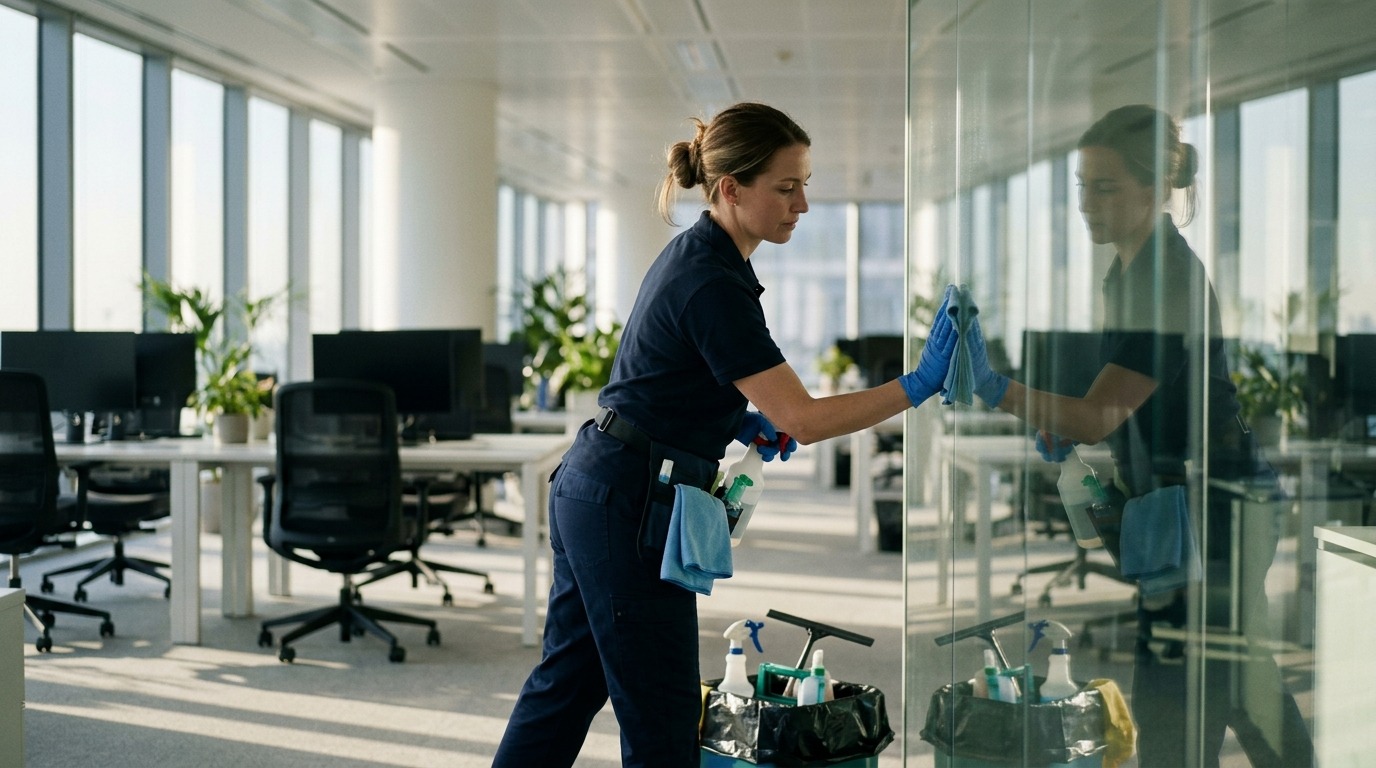 Professional cleaner servicing a modern commercial office in Australia.