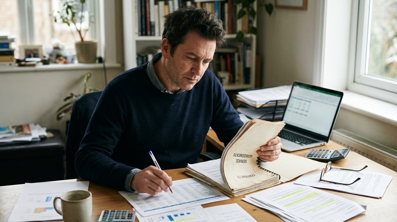 Buyer reviewing a cleaning business's contracts and financials before purchase.