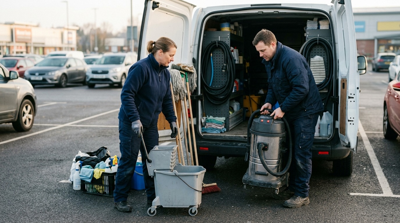 Cleaning team with equipment ready to service commercial contracts.