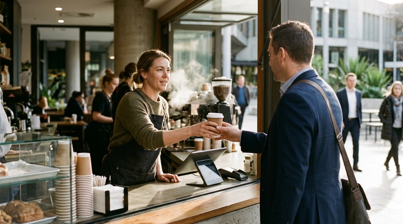 Small business owner at their Canberra cafe in a busy city precinct.