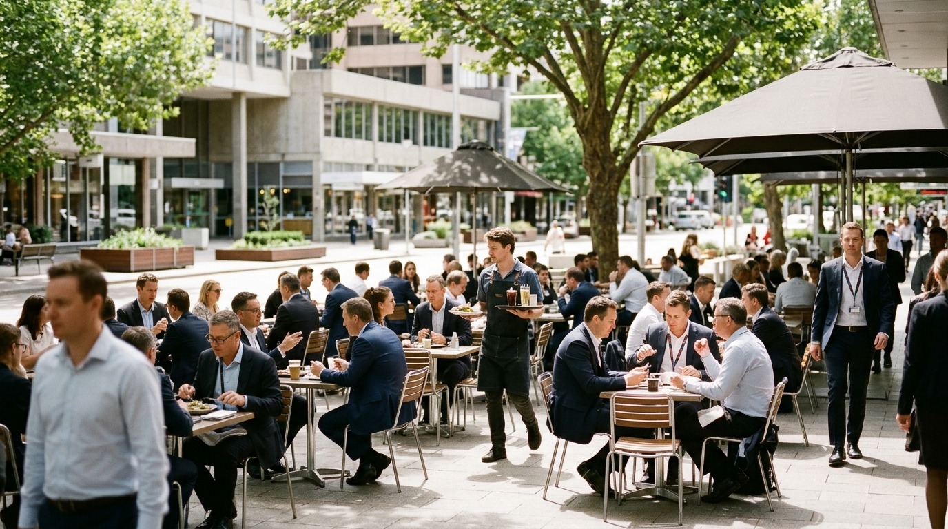 Busy Canberra city cafe precinct with weekday office workers.