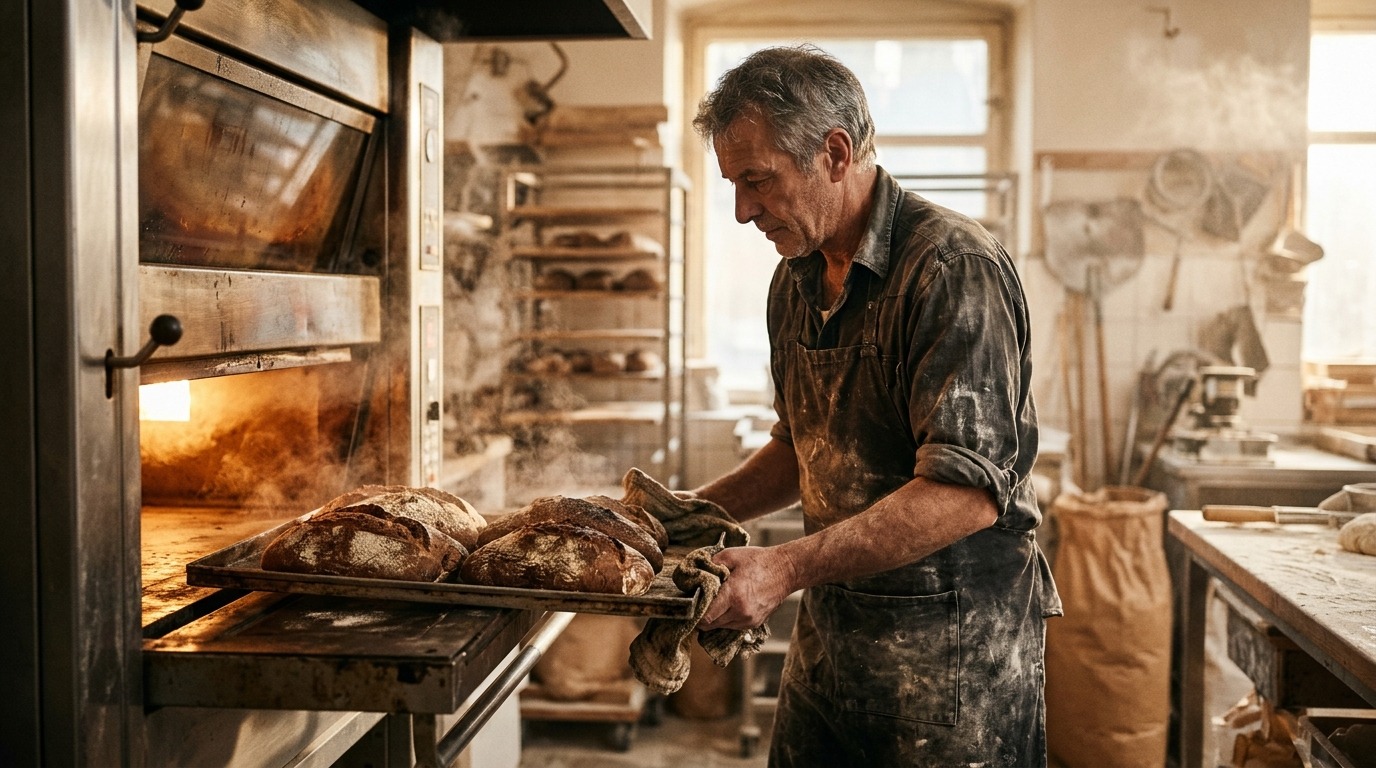 Baker arranging fresh bread and pastries in an Australian bakery.
