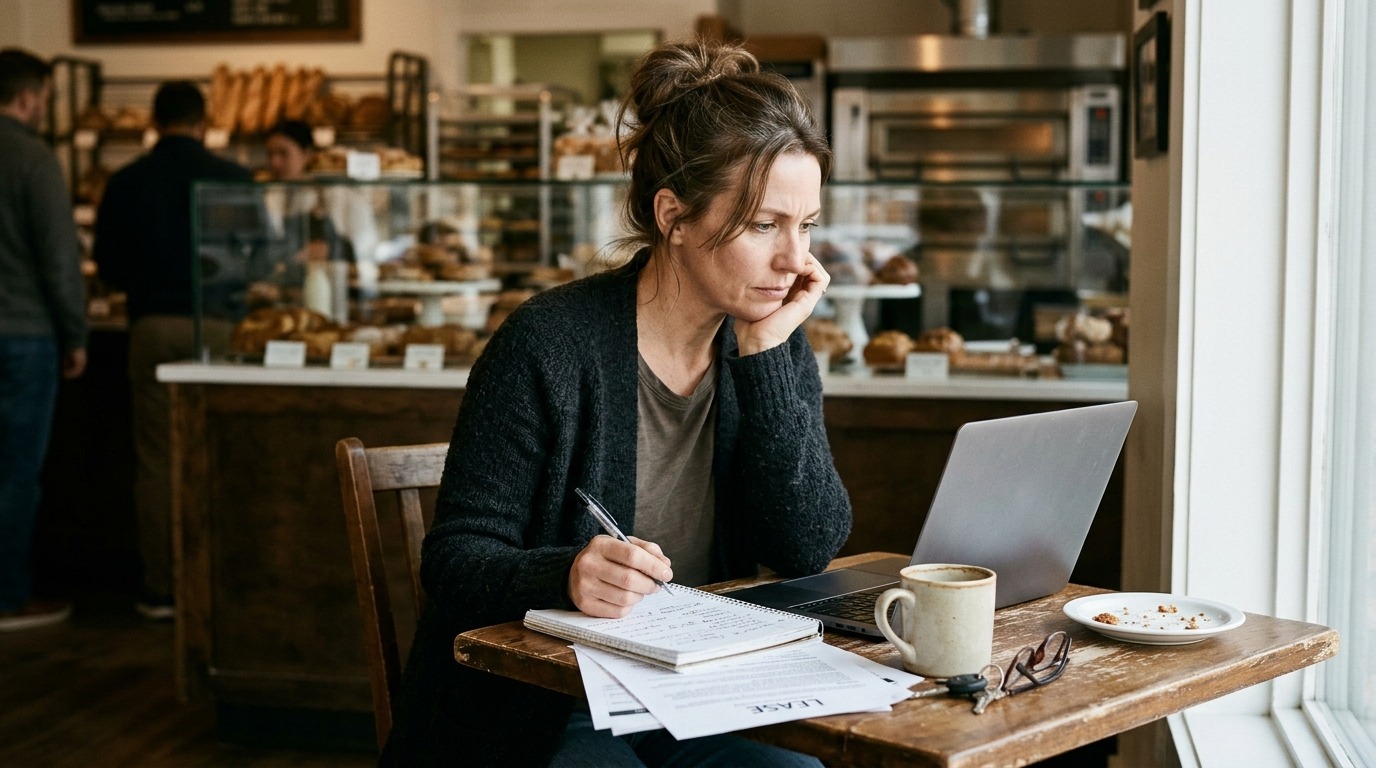 Buyer reviewing a bakery's financials and lease before purchase.