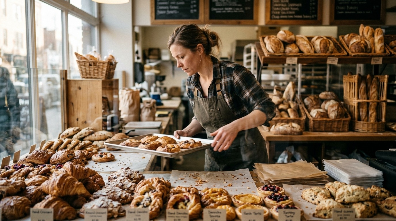 Display case of fresh pastries and bread in a busy Australian bakery.