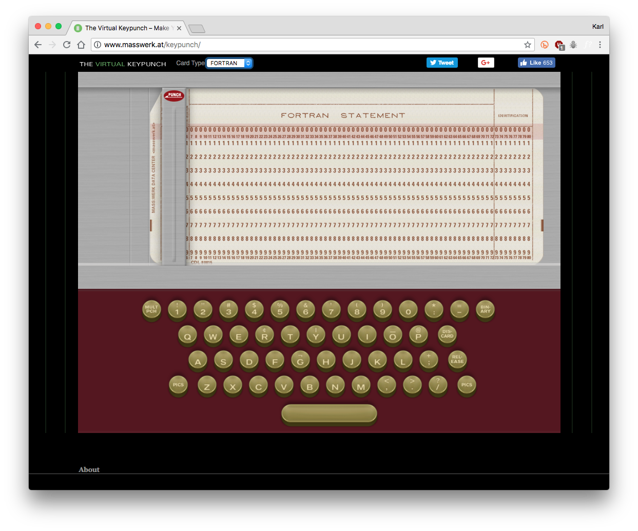screenshot of masswerks virtual keypunch