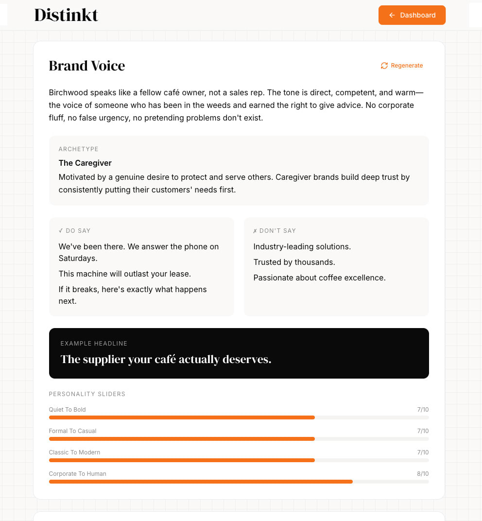 Example brand strategy output showing brand voice section with personality sliders and headline card