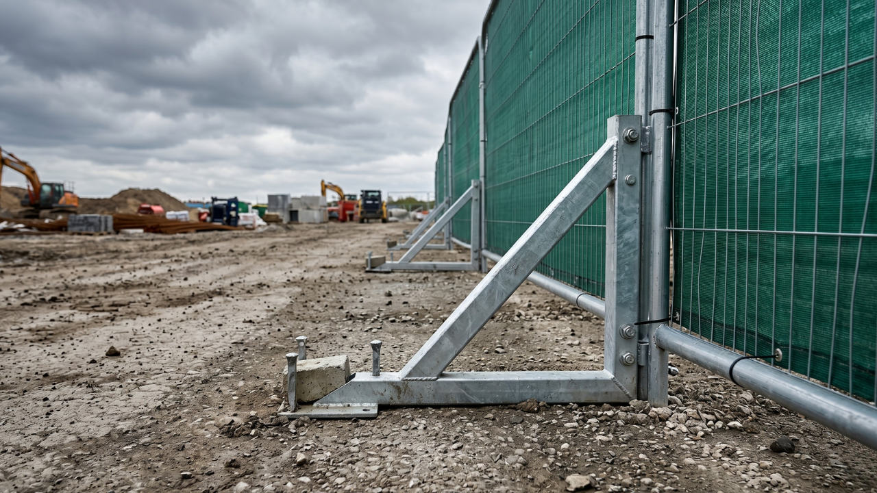 Windbreak stabilizer bracket attached to a screened temporary fence panel on an exposed spring construction site.
