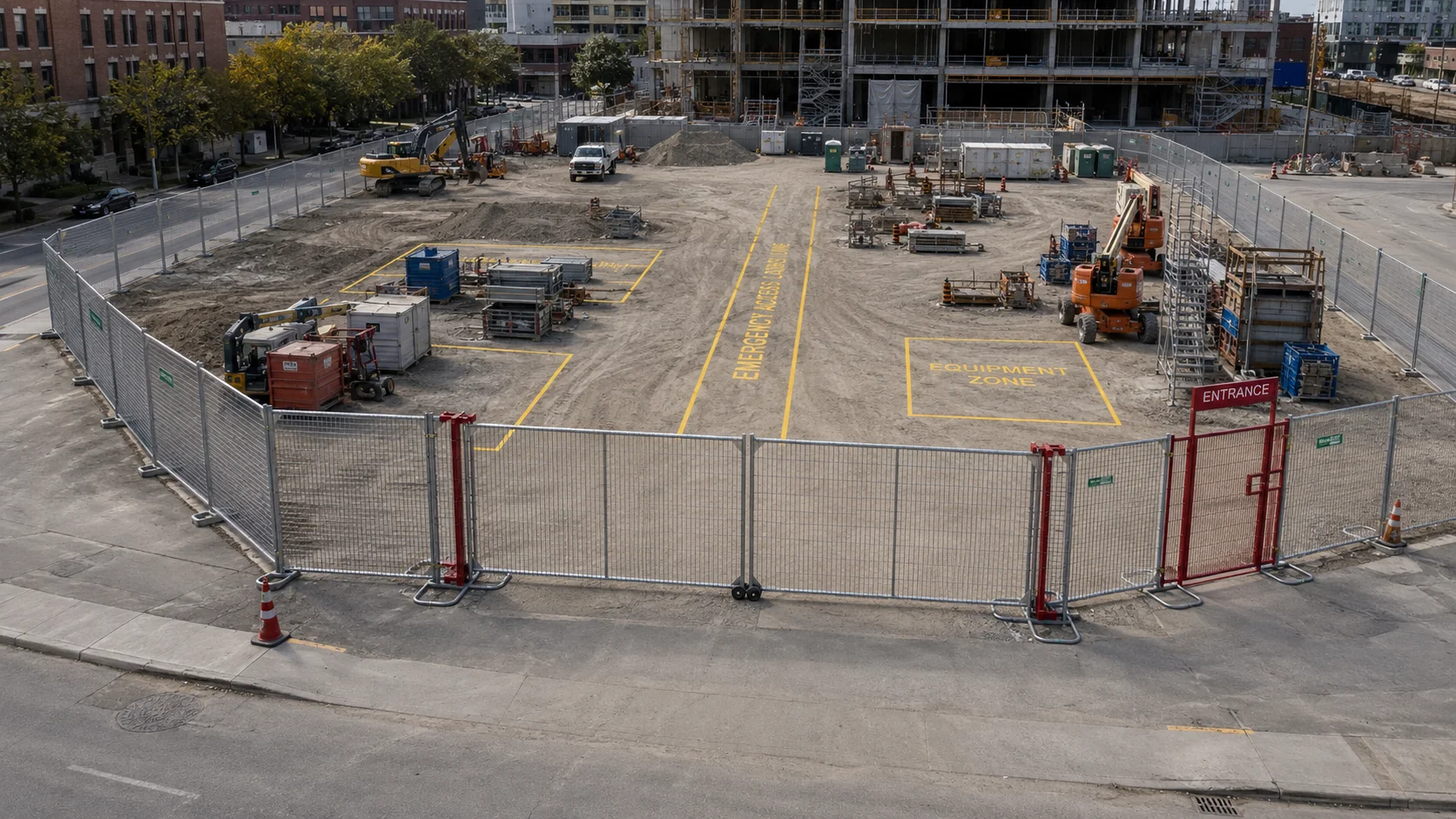 Construction site enclosed by chain-link fencing with equipment and materials scattered inside, and an 'Equipment Zone' marking visible in the foreground.
