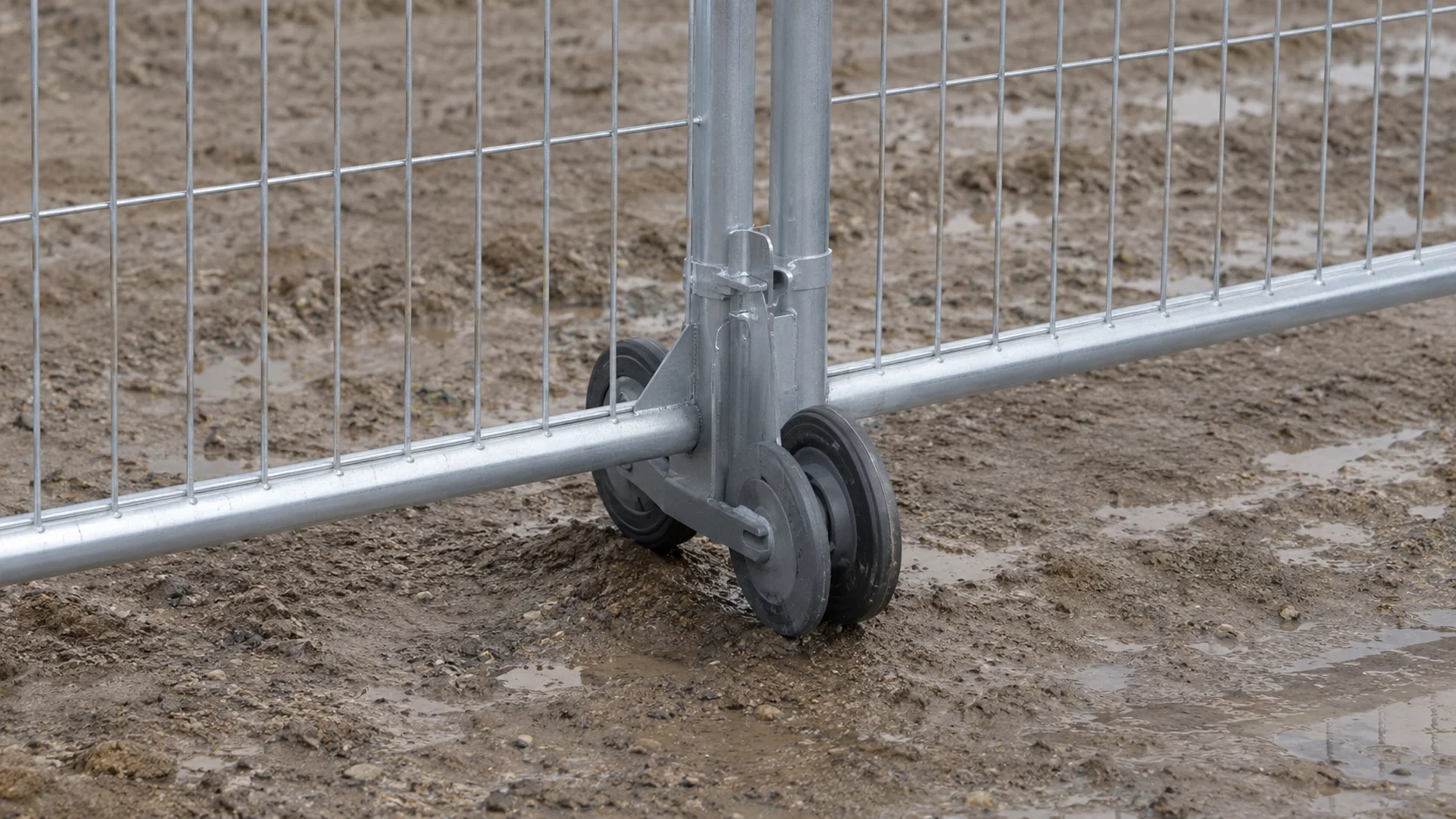 Metal mesh fence panel with a wheeled base resting on muddy ground at a construction site.