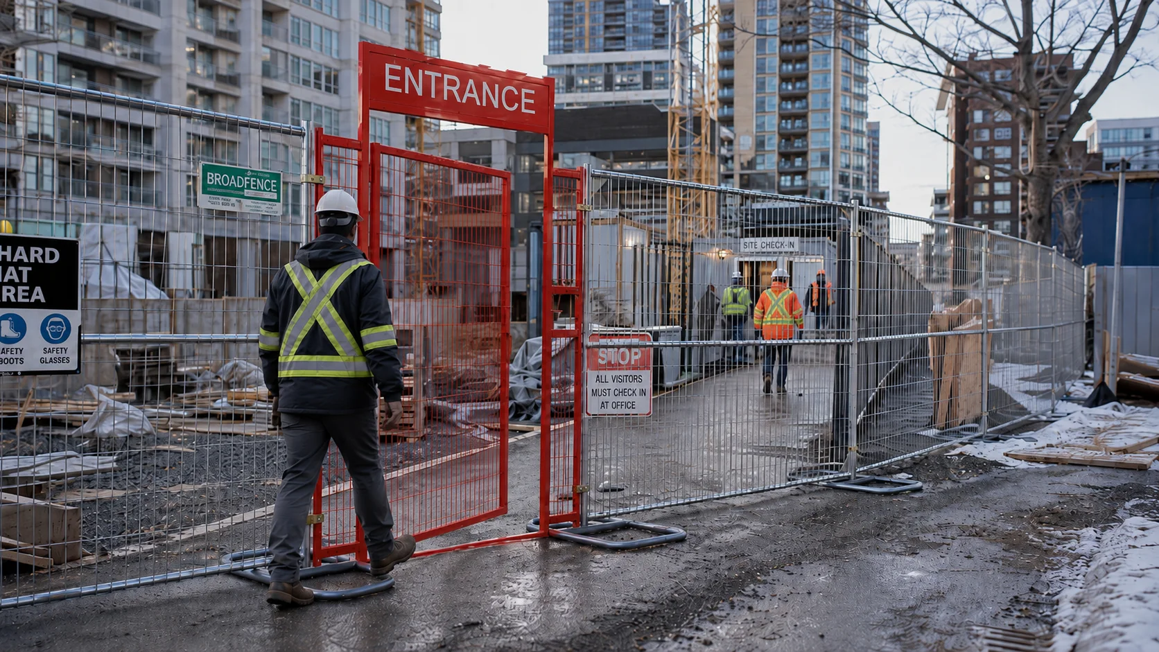 Construction site entrance with a worker in a reflective jacket near a red gate labeled ENTRANCE, fenced-off area and urban buildings in background