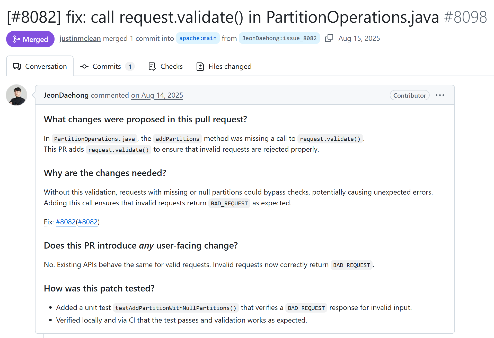 PR #8098. PartitionOperations.addPartitions 에 request.validate() 호출을 추가한 PR 설명과 머지 표시.